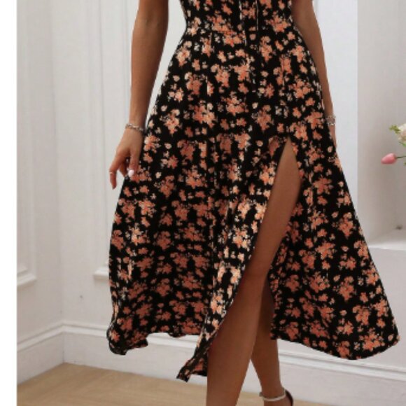 maxi floral orange dress side leg opening dress knotted front chest floral dress - Picture 3 of 4